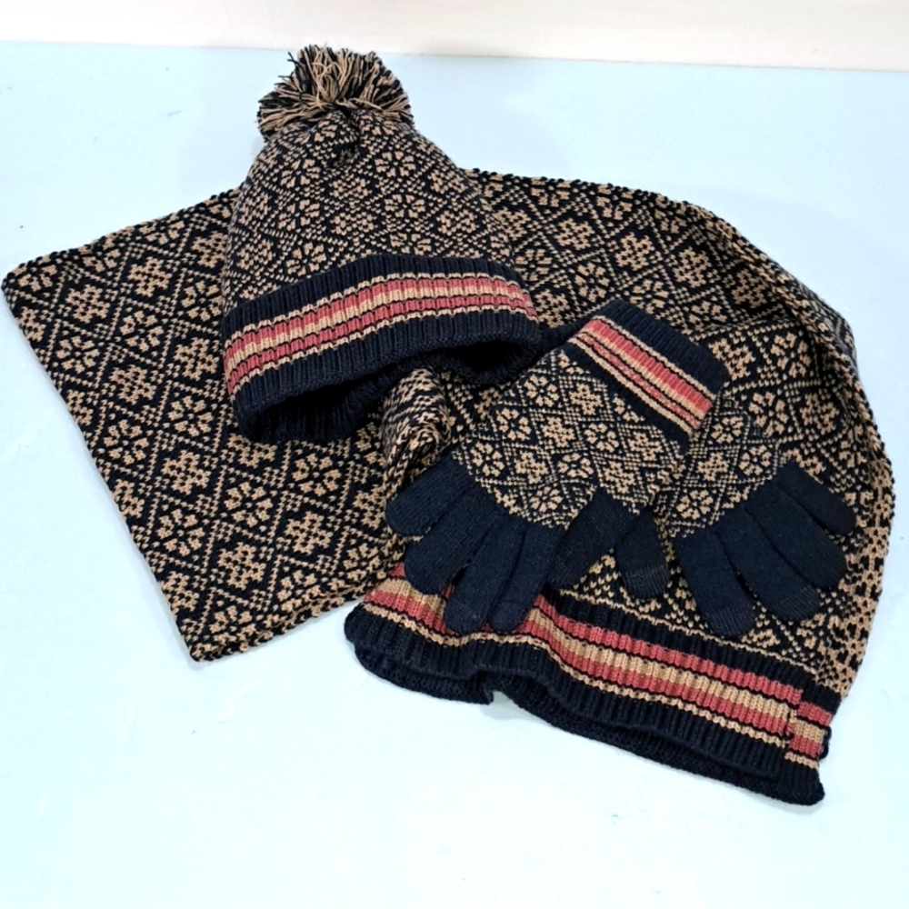 Hat, scarf, and glove set. New in the bag. Hat is faux fur lined. 68” long.